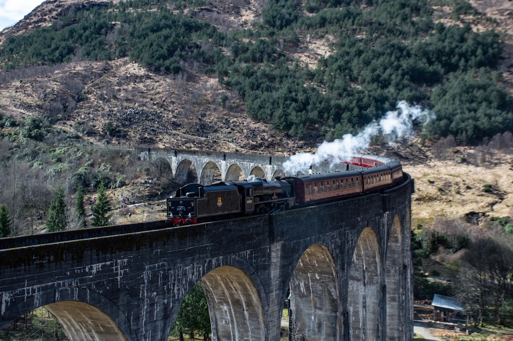 a train traveling over a bridge with mountains in the background