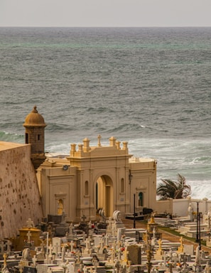 A scenic cemetery by the sea with numerous gravestones and mausoleums. The structure in the foreground features an arched entryway and cross-adorned tops. Waves crash on the rocky shore, accented by distant teal and grey waters. The surrounding landscape includes palm trees buffeted by the wind.