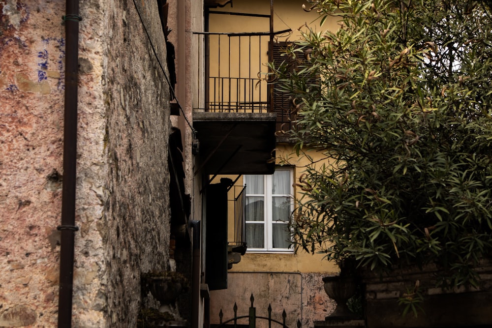 a building with a balcony next to a tree