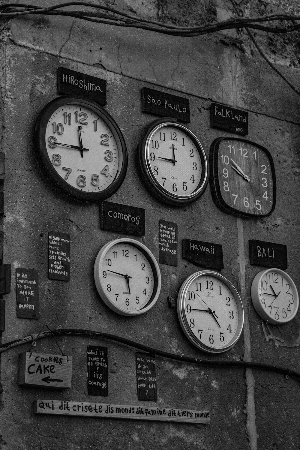 a bunch of clocks that are on a wall