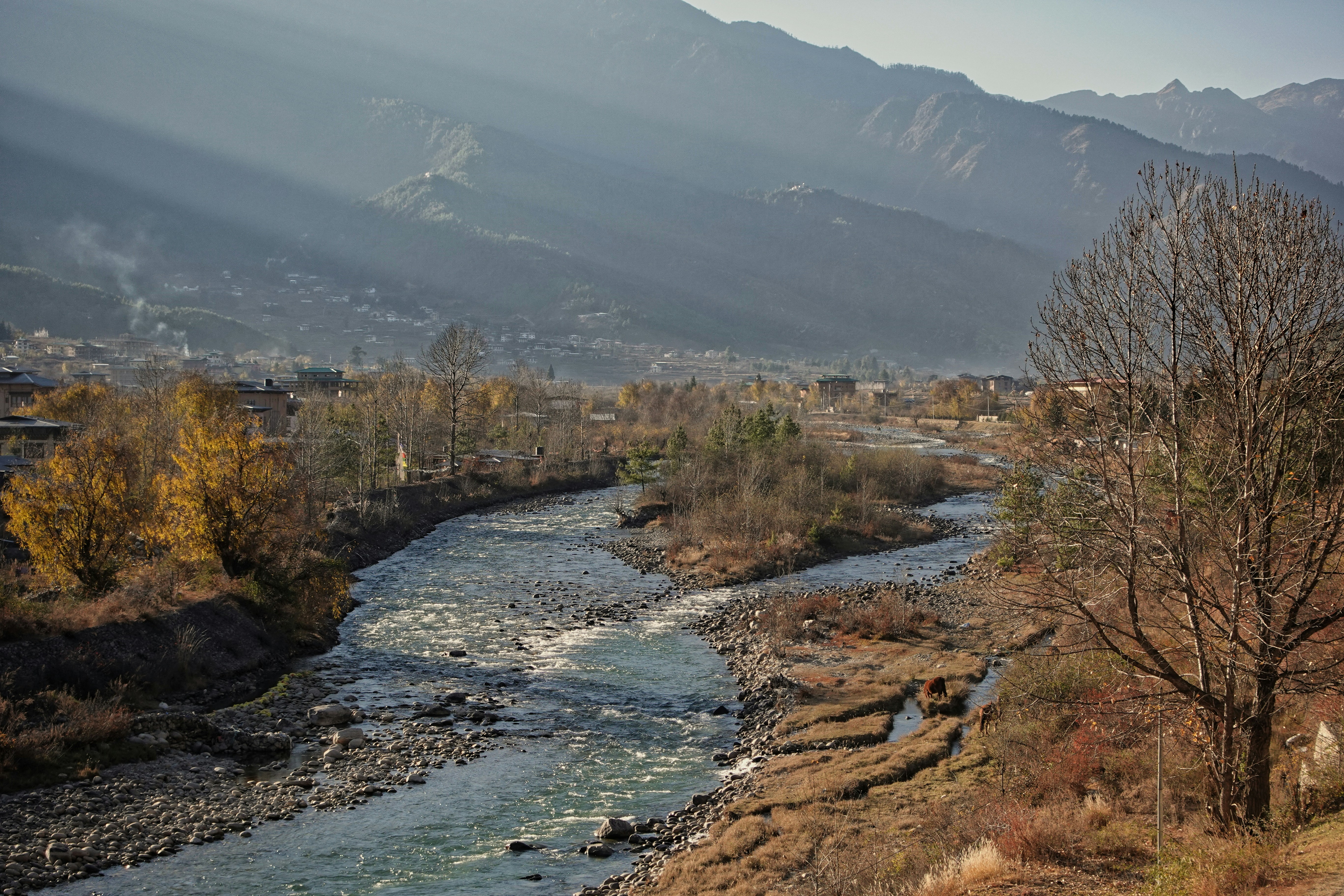 a river running through a lush green hillside