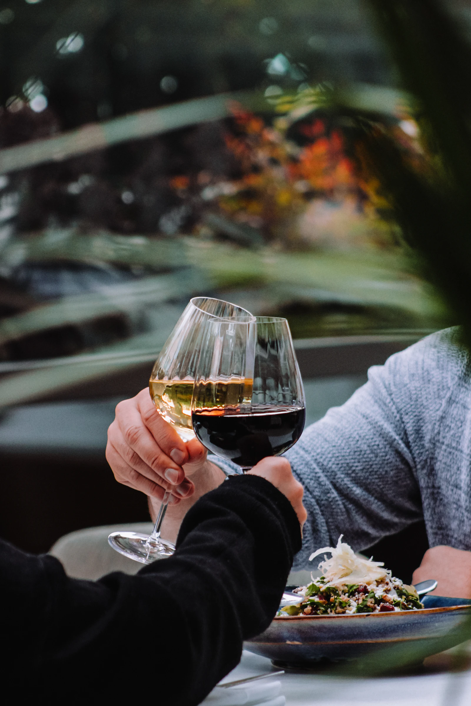 A couple toasting glasses over dinner