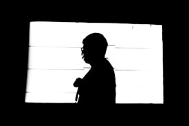 A silhouette of a person standing in front of a bright, white background. The person appears to be wearing glasses and holding an object close to their chest. The background is a rectangular shape, possibly a window or a backlit panel, with shadowy lines indicating divisions or frames.