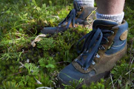 Close-up of hiking boots stepping on a mossy path surrounded by wildflowers.