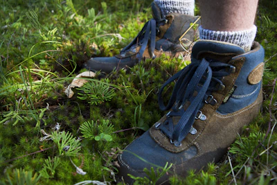 Close-up of rugged hiking boots resting on a mossy trail.