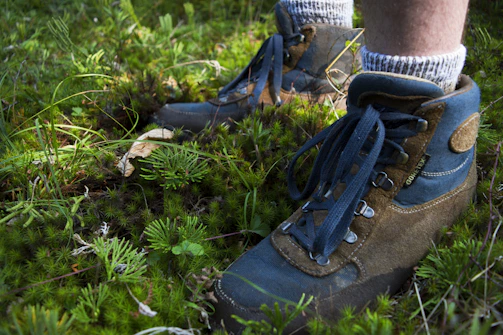 Close-up of a hiker's boots stepping over moss-covered rocks on a forest path.