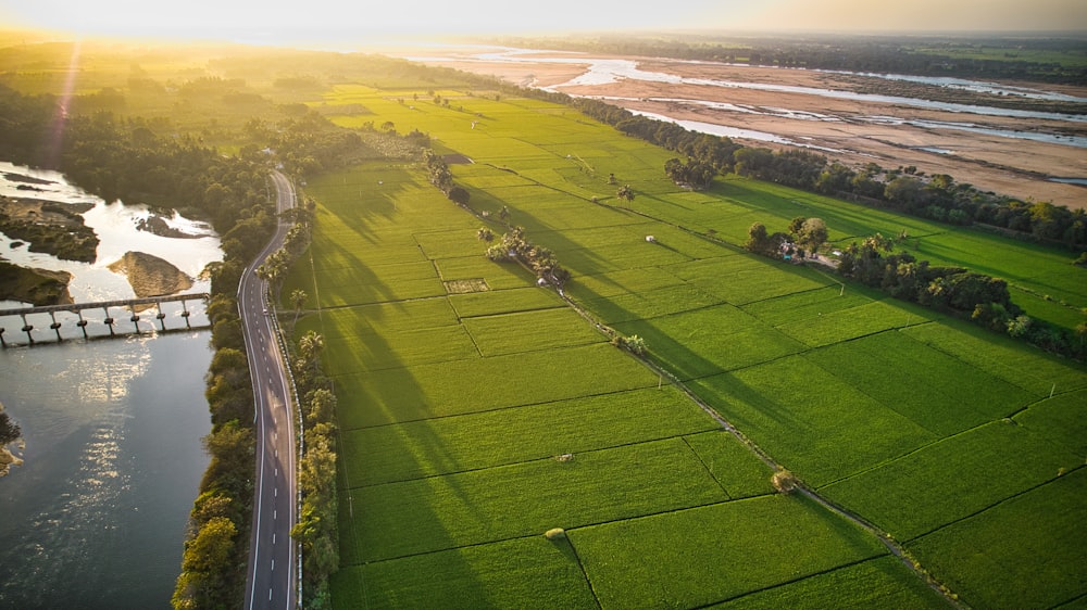 uma vista aérea de um rio que atravessa um campo verde exuberante