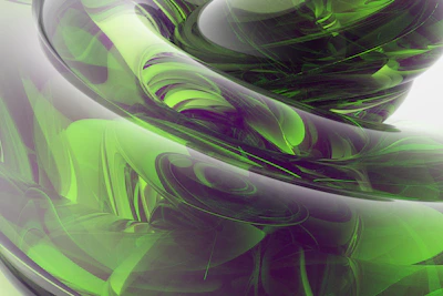 An abstract 3D model rendered with fluid emerald textures and subtle light refractions.