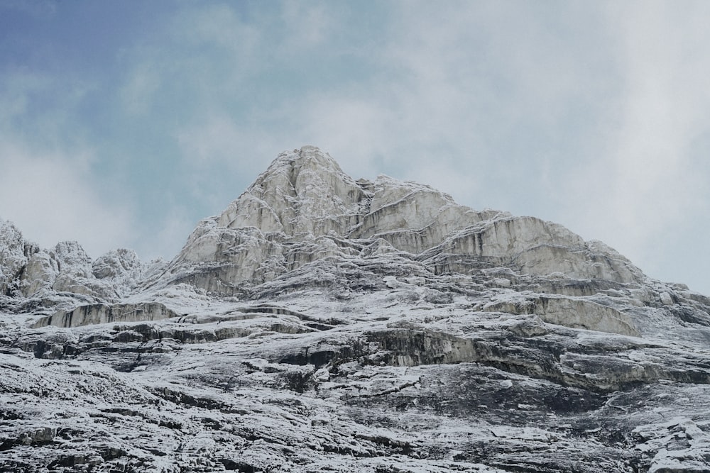 a mountain covered in snow under a cloudy blue sky