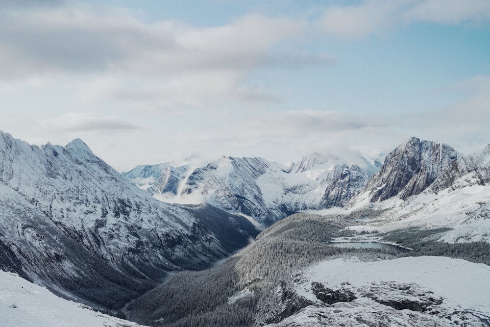 a view of a mountain range covered in snow