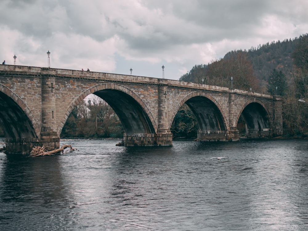 a bridge over a body of water with trees in the background