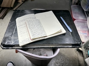 An open notebook filled with handwritten notes is placed on a black makeshift table, which appears to be resting on a trash can. A blue pen lies next to the notebook. The setting seems to be in a garage or workshop, with storage boxes and wooden planks visible in the background.
