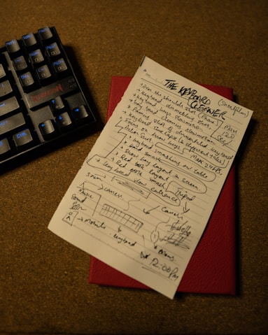 a piece of paper with writing on it next to a keyboard