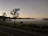 A serene landscape at dawn with a road in the foreground, a misty field extending into the distance, and silhouettes of trees against a pastel sky. The scene conveys a sense of tranquility and calmness.