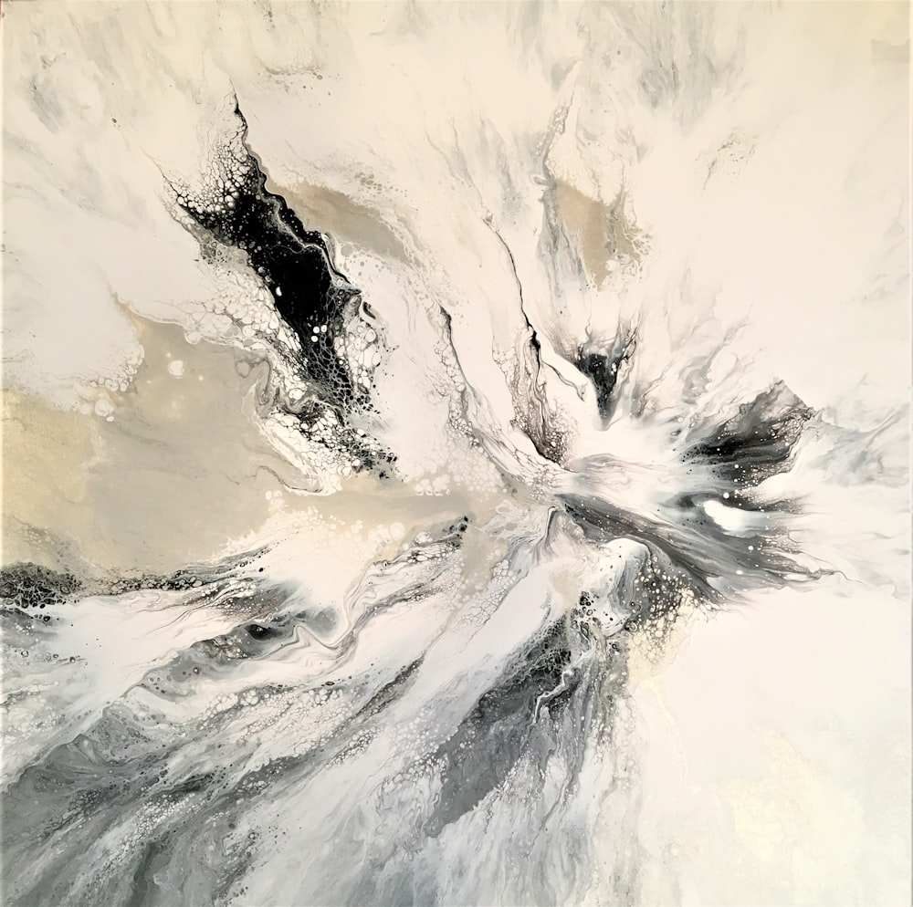 an abstract painting with black and white colors