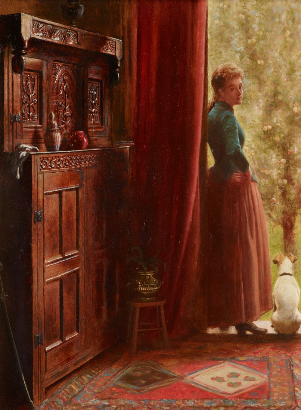 a painting of a woman looking out a window
