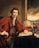 A man wearing a richly textured red coat with fur trim sits confidently at a desk. His hand rests on papers, and next to him is a large globe. The background includes a window with a dramatic, cloudy sky and stacks of books.