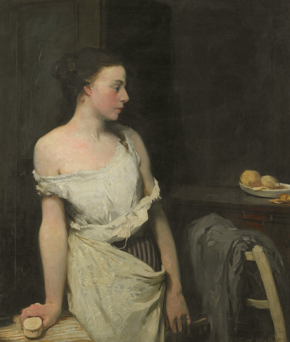 a painting of a woman in a white dress