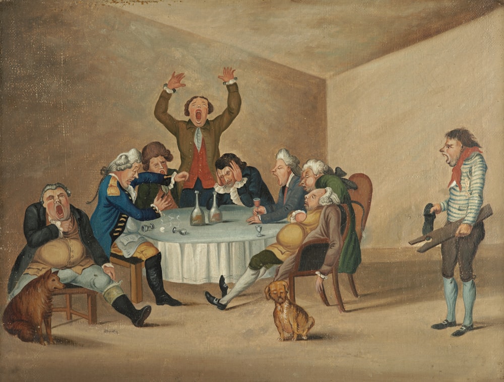 Una pintura de un grupo de personas sentadas alrededor de una mesa