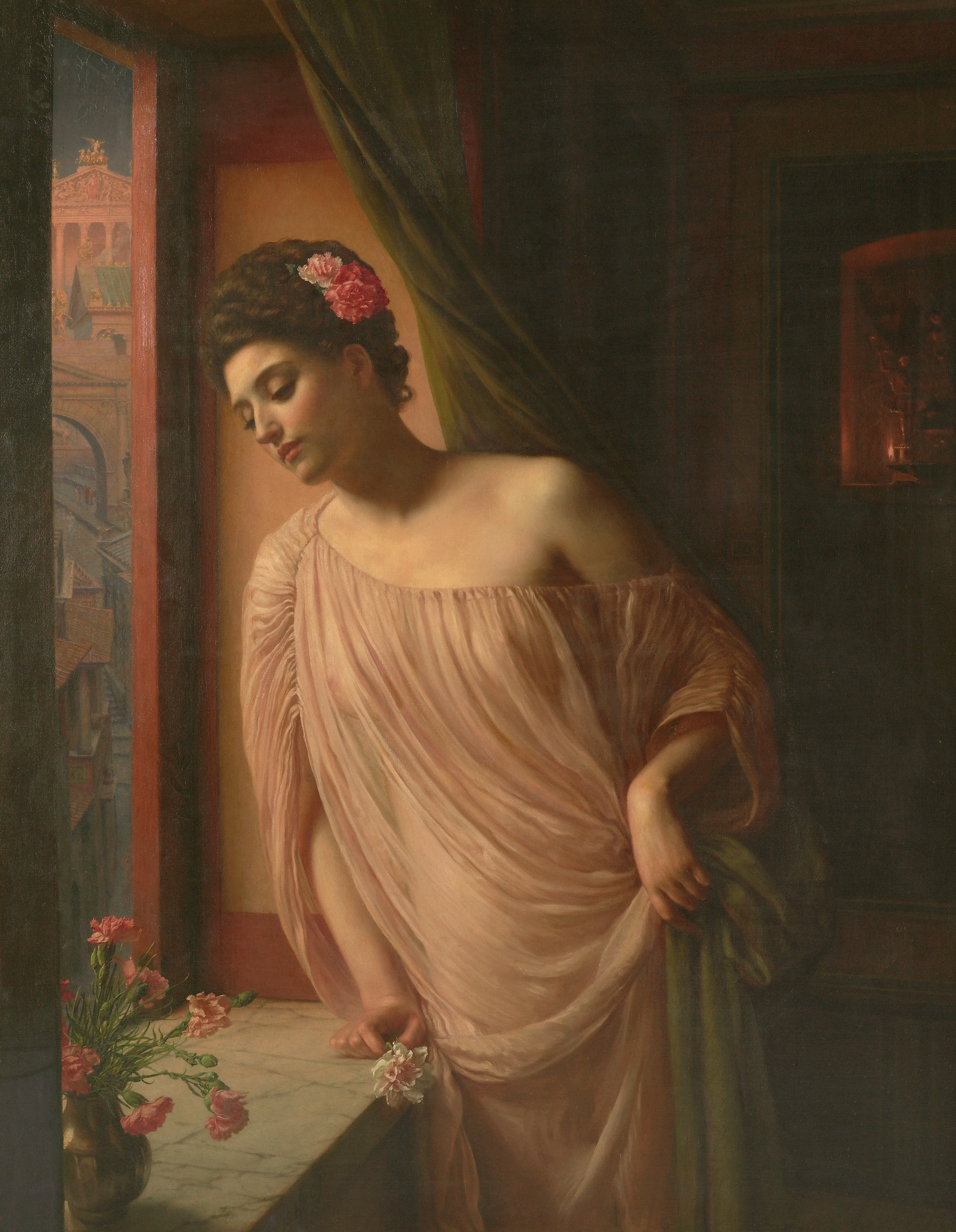 A woman in a pink dress by a window