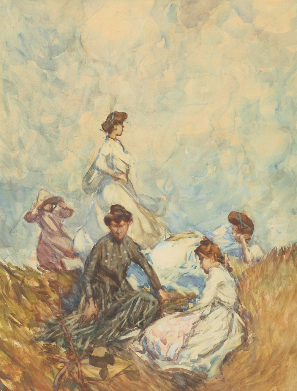 uma pintura de um grupo de pessoas em um campo