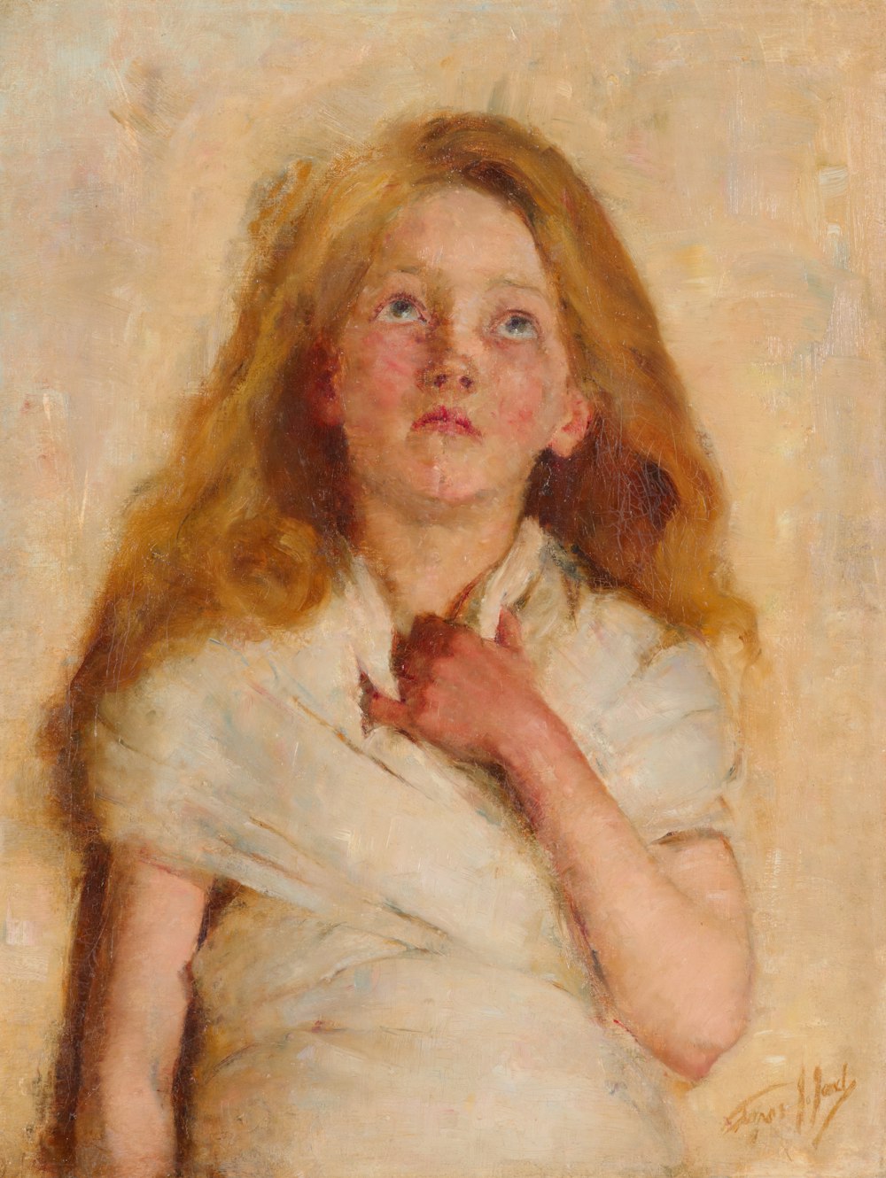 a painting of a woman in a white shirt