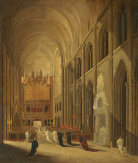 A grand interior of a cathedral with a high vaulted ceiling and ornate architectural details. Several figures dressed in ecclesiastical robes are gathered, possibly engaged in a religious ceremony. The setting includes tall columns, large stained glass windows, and an elaborate organ. The play of light and shadow enhances the solemn atmosphere.