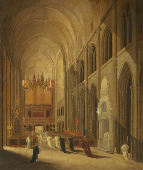 A grand interior of a cathedral with a high vaulted ceiling and ornate architectural details. Several figures dressed in ecclesiastical robes are gathered, possibly engaged in a religious ceremony. The setting includes tall columns, large stained glass windows, and an elaborate organ. The play of light and shadow enhances the solemn atmosphere.