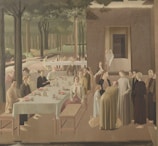 Wide shot of festival attendees sharing food and laughter at communal tables.