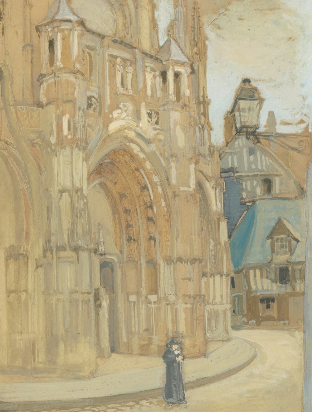 uma pintura de uma mulher em pé na frente de uma igreja