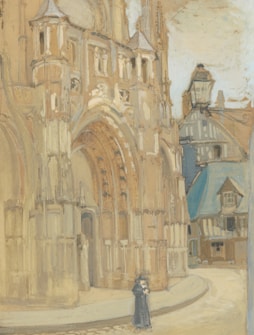 A historic, architectural scene featuring a large, ornate building with arched and intricate details, possibly a cathedral or church. A lone figure dressed in dark, historical clothing stands in the foreground. The surrounding structures show a mix of medieval architecture with timber framing and steep, gabled roofs.