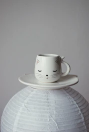 White ceramic mug with a sarcastic grumpy cat face printed on it.