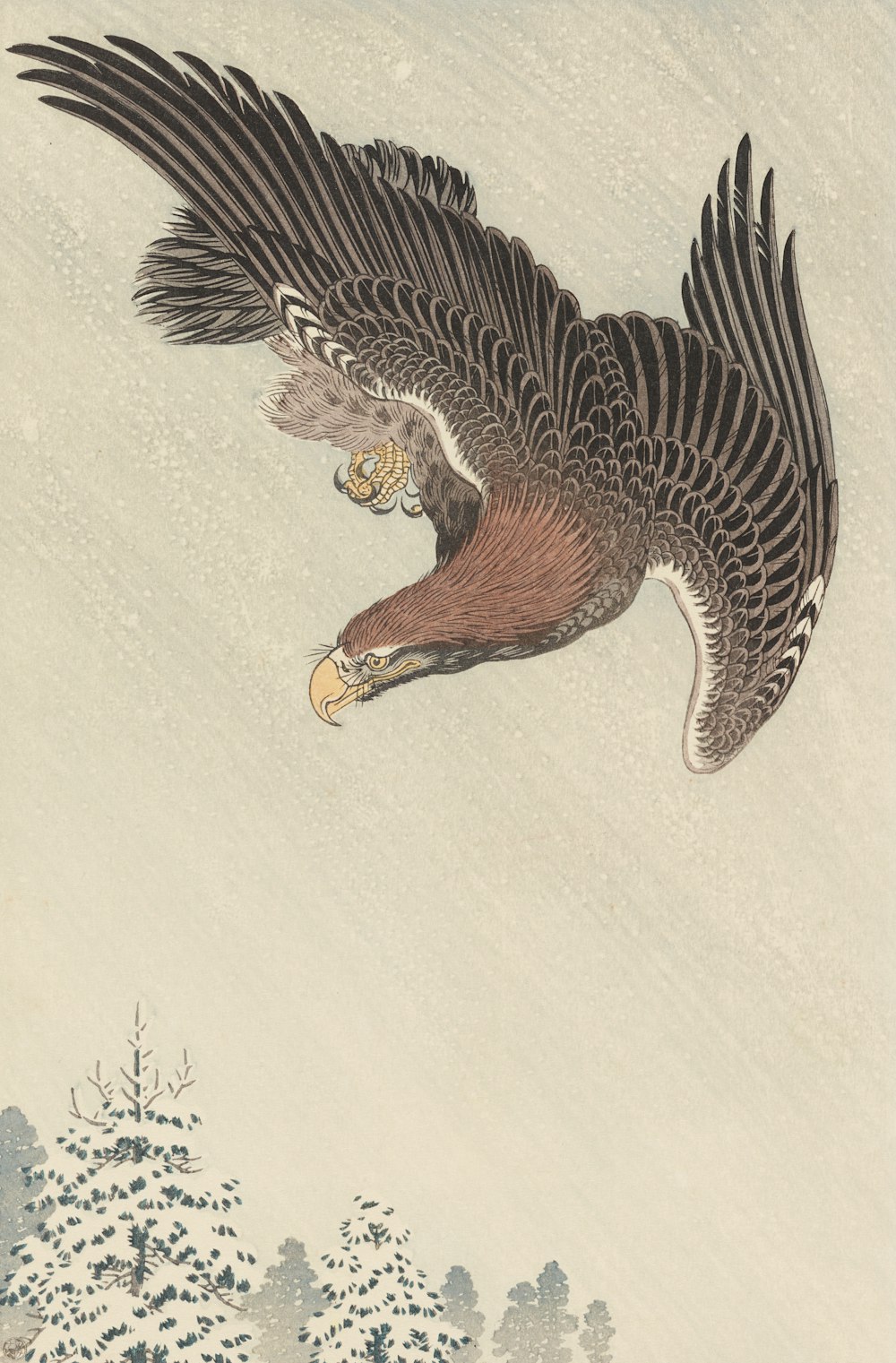 a painting of an eagle flying over a forest