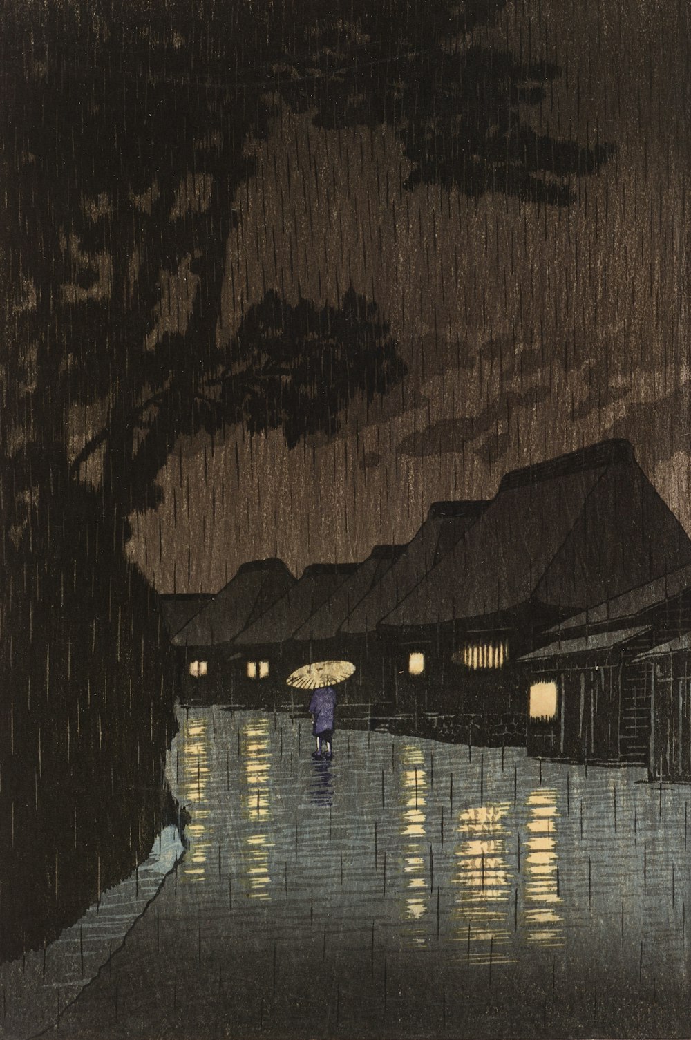 a painting of a person walking in the rain