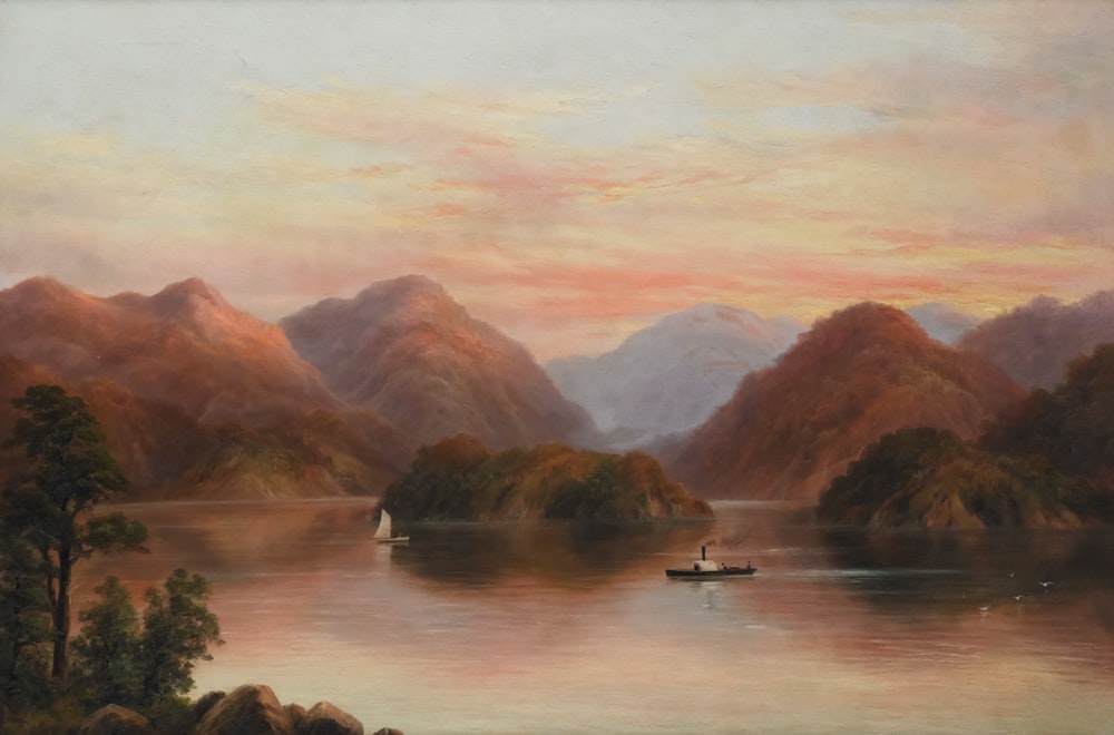 uma pintura de um barco em um lago com montanhas no fundo