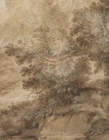 An intricate depiction of a foliage scene with detailed leaves and branches in earthy tones. The artwork seems textured and conveys a natural landscape possibly exploring the subtle play of light and shadow within a forested area.