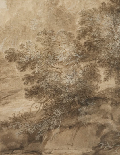 Close-up of a delicate watercolor painting of forest leaves in shades of green and terracotta.