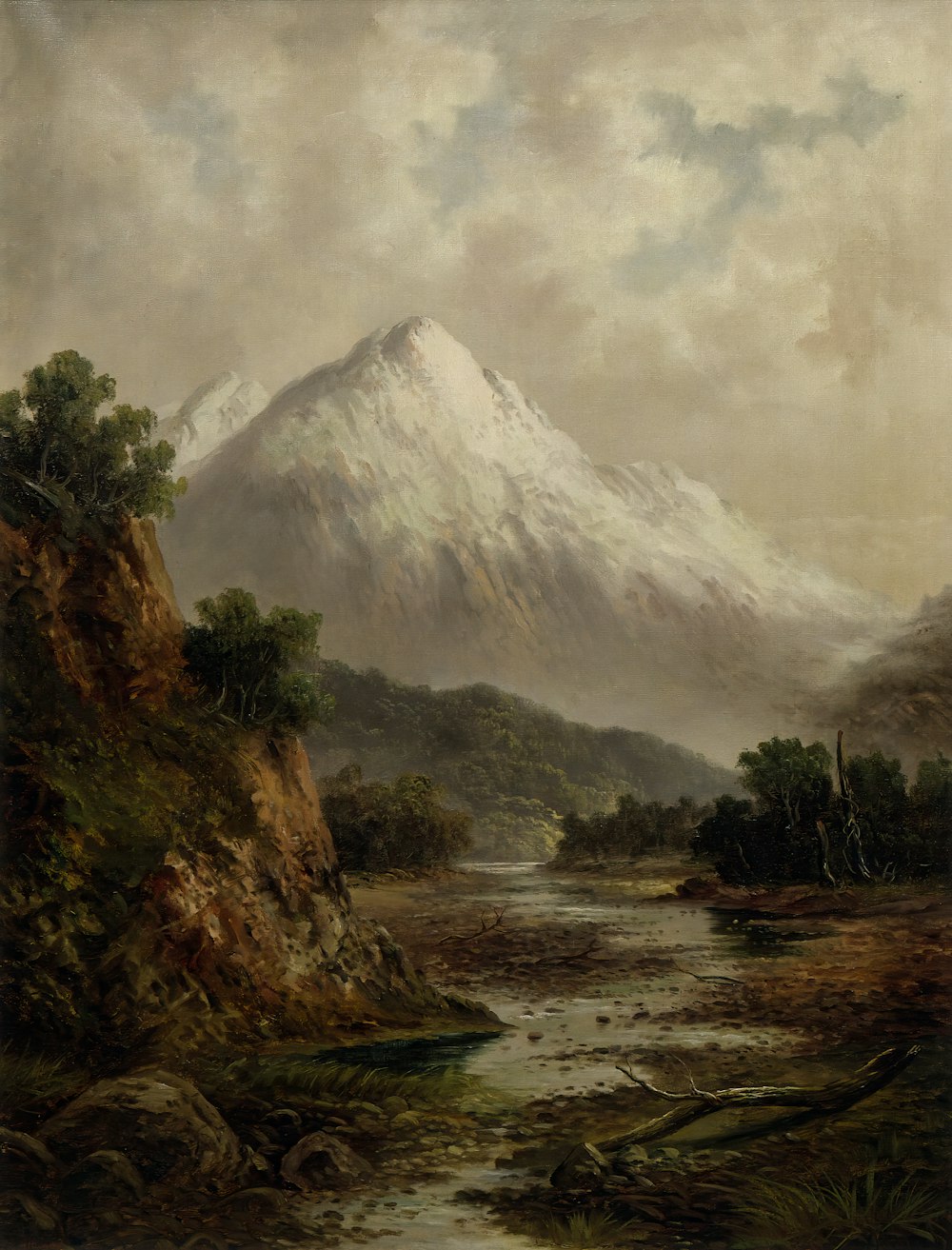 a painting of a mountain with a river running through it