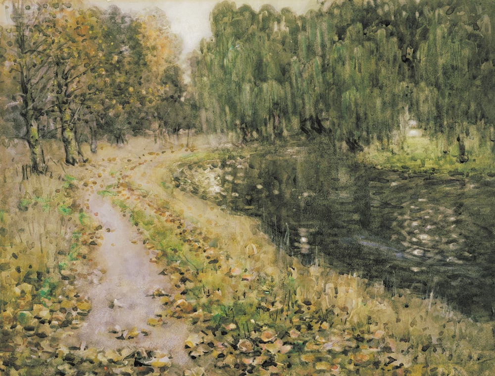 a painting of a path leading to a lake