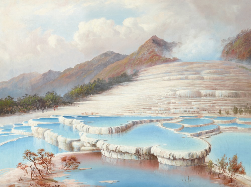 a painting of a landscape with mountains and a body of water