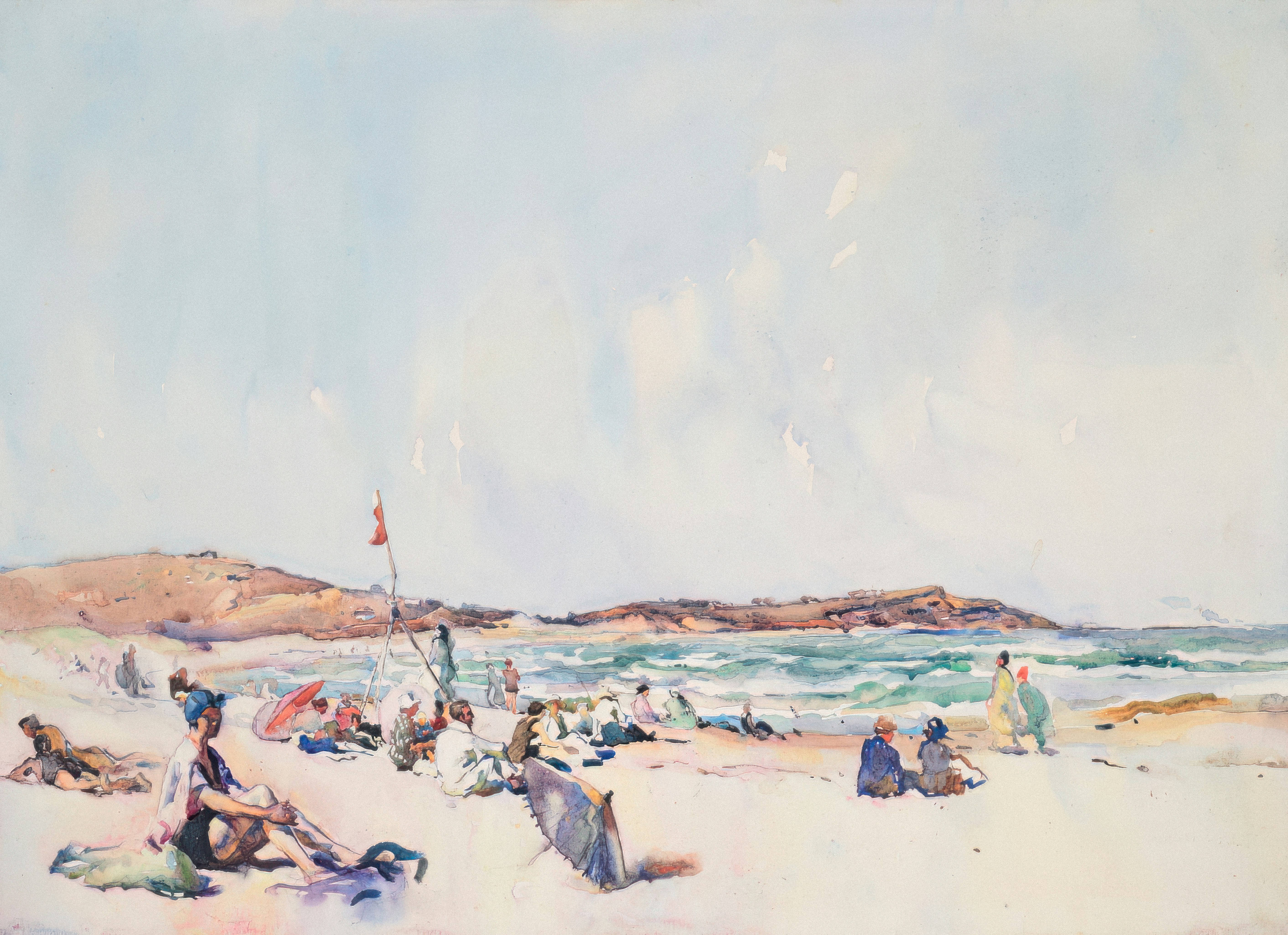 https://collections.tepapa.govt.nz/object/36136 The beach, Dee Why, Sydney, 1923, Sydney, by Maud Sherwood. Gift of the New Zealand Academy of Fine Arts, 1936. Te Papa (1936-0012-182) This watercolour captures the windy heat of a summer day at Sydney’s Dee Why beach. It’s a very 1920s scene. The beach is busy with swimmers and sunbathers, women wear modern, fitted bathing costumes, and fashionable sun parasols are scattered over the sand.