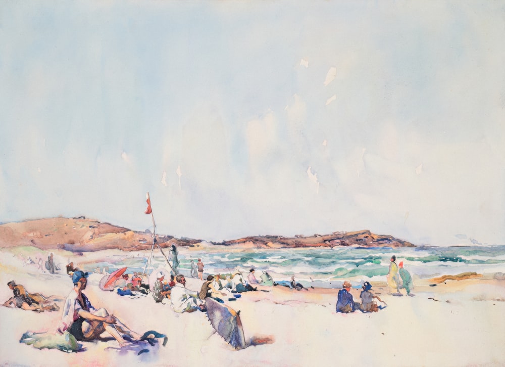 a painting of people sitting on a beach