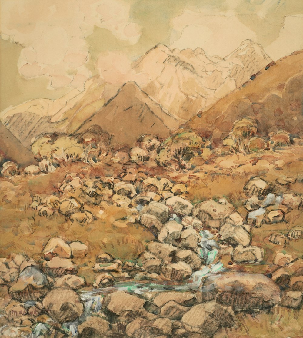 uma pintura de uma paisagem montanhosa com rochas e água