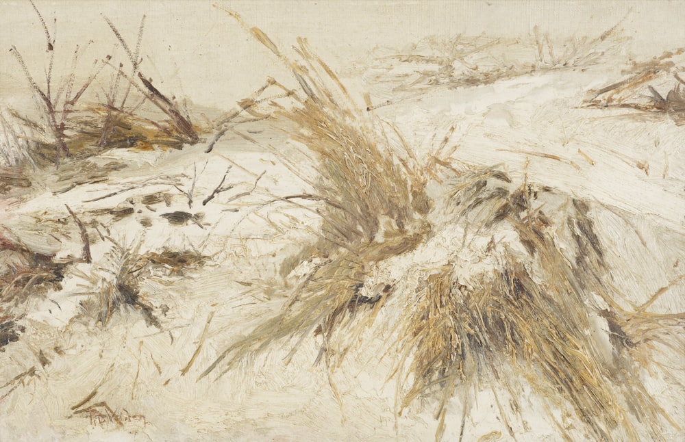 a painting of grass and sand on a beach