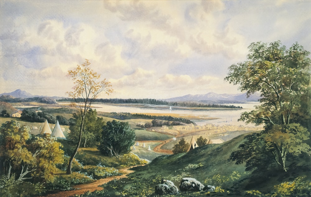uma pintura de uma paisagem com animais e árvores