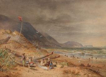 A serene coastal scene features a group of people gathered near a wooden boat on a sandy beach, with a small fire burning. Children play by the shoreline, while seagulls fly above the waves. Rugged hills rise in the background under a cloudy sky.
