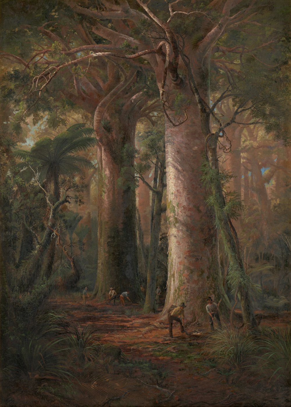 a painting of a forest with trees and animals