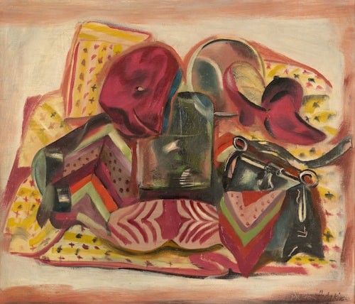 An abstract painting features a series of amorphous shapes and patterns overlapping each other. The shapes are in various colors including red, green, pink, black and yellow. They resemble fabric patterns, and two distinct shapes appear to have faces or mask-like qualities. The background includes a mix of muted and vibrant-colored patches, adding to the chaotic yet harmonious design.
