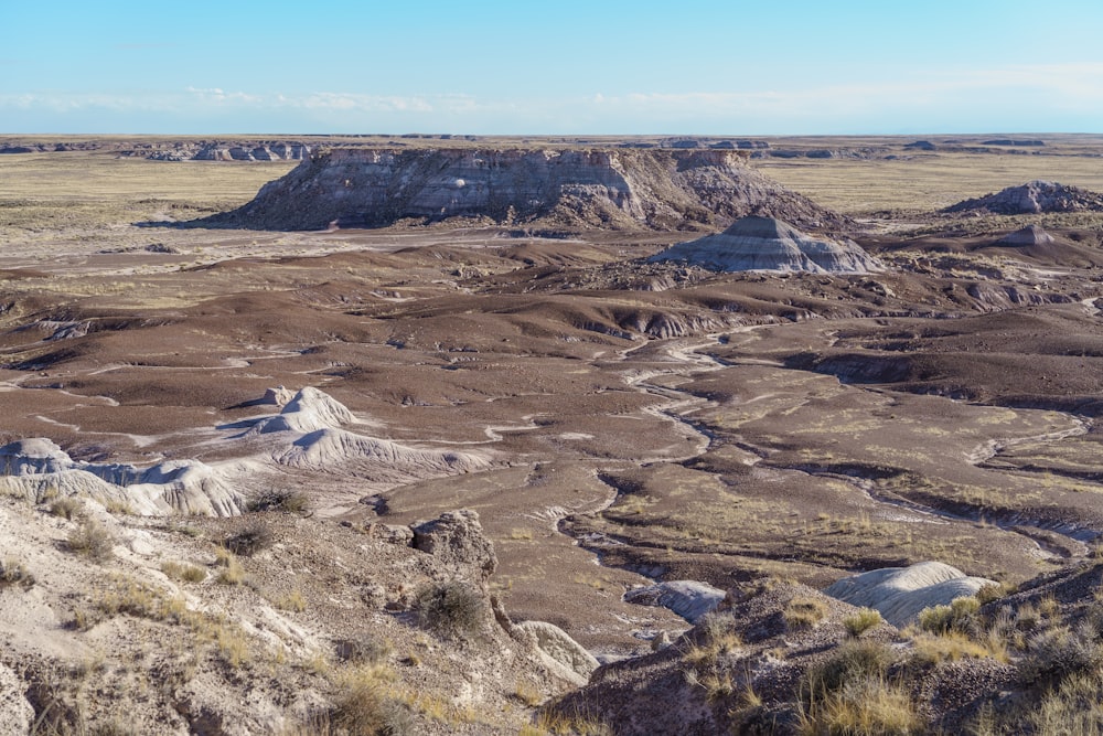 a view of a vast open area with mountains in the background