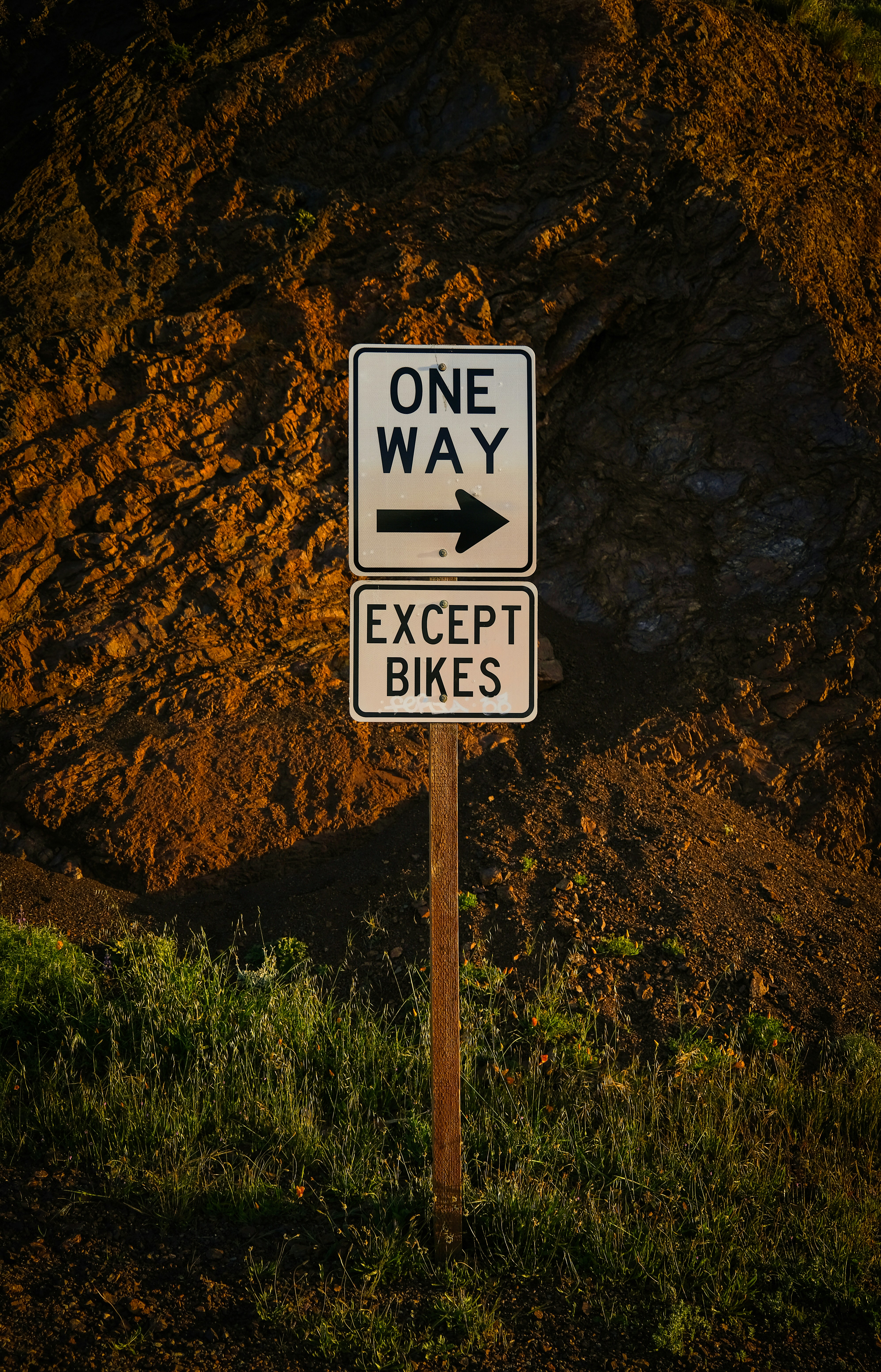 a one way sign with an arrow pointing to the right